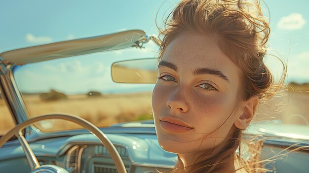 Una chica hermosa en un descapotable retro en la naturaleza