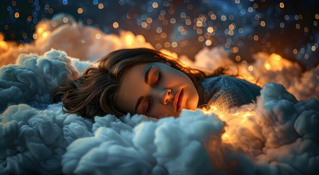 Una chica hermosa durmiendo en una nube en una noche oscura y estrellada