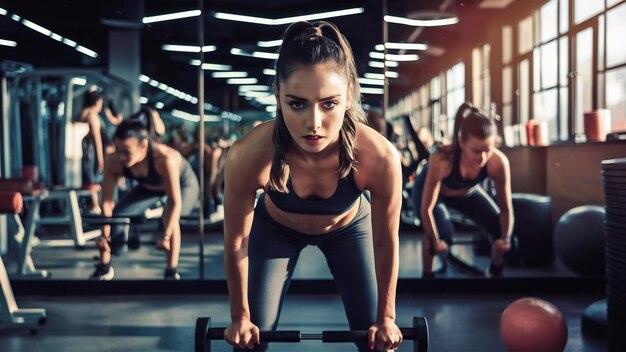 Una chica hermosa está comprometida en un gimnasio.