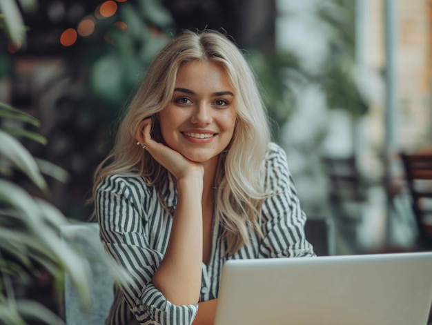 Una chica hermosa y feliz usando una computadora portátil en la oficina.