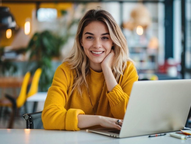 Una chica hermosa y feliz usando una computadora portátil en la oficina.