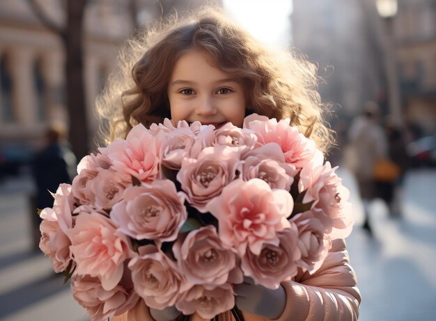 Una chica hermosa con flores rosas