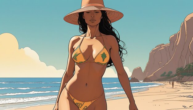 Una chica hermosa y hermosa tomando el sol en una playa con un bikini de tanga