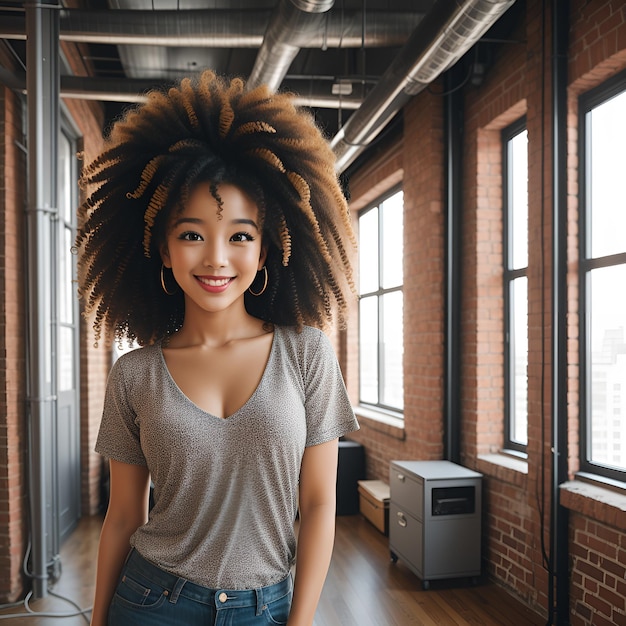 Foto una chica hermosa en el interior moderno del loft del agente de bienes raíces