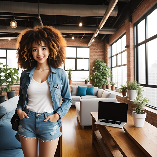 Foto una chica hermosa en el interior moderno del loft del agente de bienes raíces