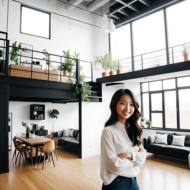 Una chica hermosa en el interior moderno del loft del agente de bienes raíces