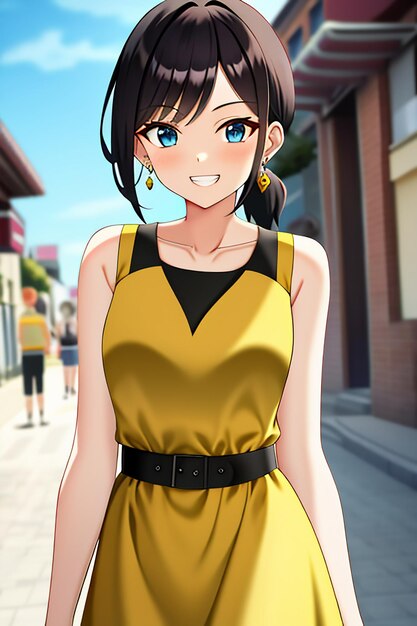 Chica hermosa joven de estilo anime de dibujos animados con fondo de papel tapiz de vestido colorido