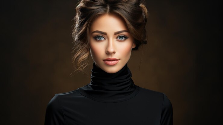 Una chica hermosa con labios rojos y peinado negro.