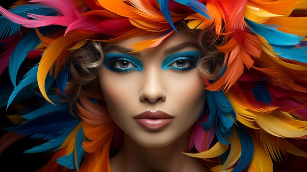 Una chica hermosa con maquillaje azul y plumas de colores en la cabeza copyspace