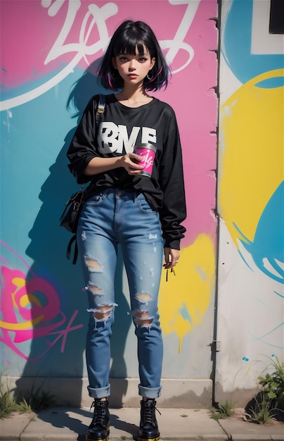 Una chica hermosa posando frente a una pared de graffiti Una chica bella en la calle con paredes de graffitis