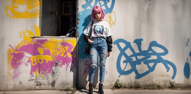 Una chica hermosa posando frente a una pared de graffiti Una chica bella en la calle con paredes de graffitis