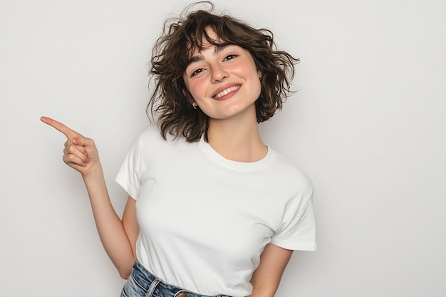 Chica hermosa señalando hacia el lado gesto de chica hermosa