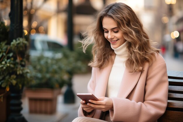 Foto una chica hermosa sentada en un banco leyendo mensajes de texto esperando a un amigo para una cita de primavera al aire libre