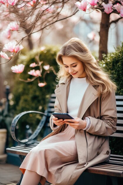 Foto una chica hermosa sentada en un banco leyendo mensajes de texto esperando a un amigo para una cita de primavera al aire libre