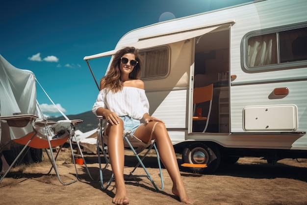 Una chica hermosa sentada frente a su caravana