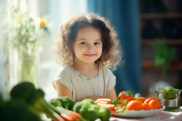 Una chica hermosa se sienta en la mesa frente a él verduras brócoli zanahorias tomates repollo