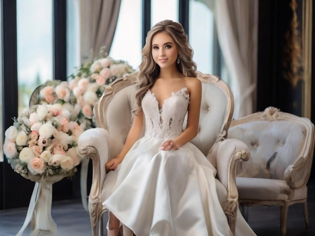 Una chica hermosa con silla de bodas y vestido de bodas