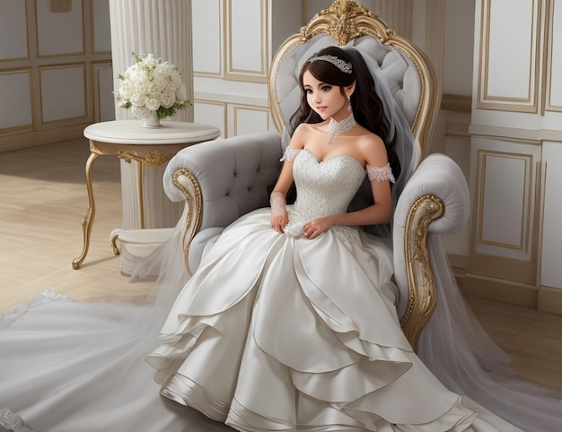 Una chica hermosa con silla de bodas y vestido de bodas