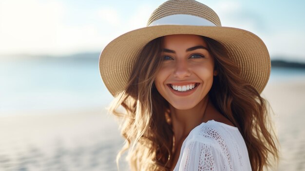 Una chica hermosa con sombrero de paja sonriendo en la playa soleada en el estilo de verano vestido de moda feliz