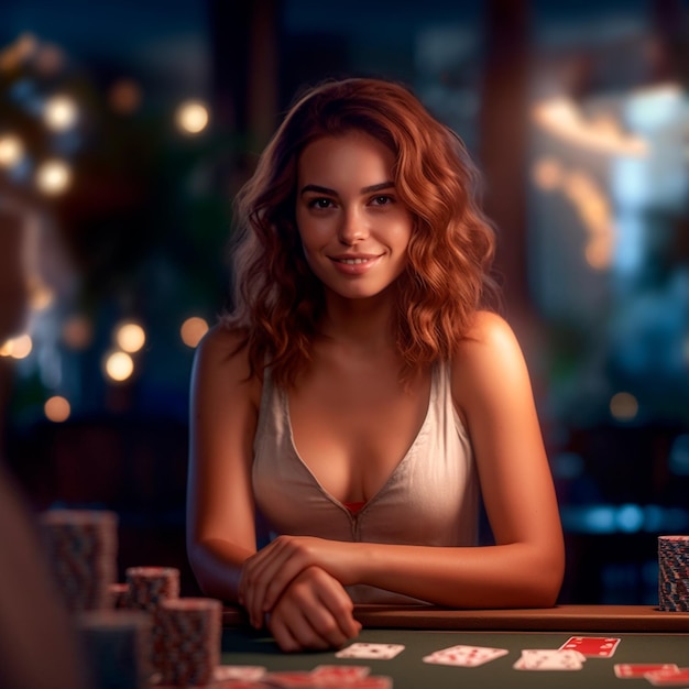 Una chica hermosa sonriendo y jugando al póquer en un casino con un fondo borroso