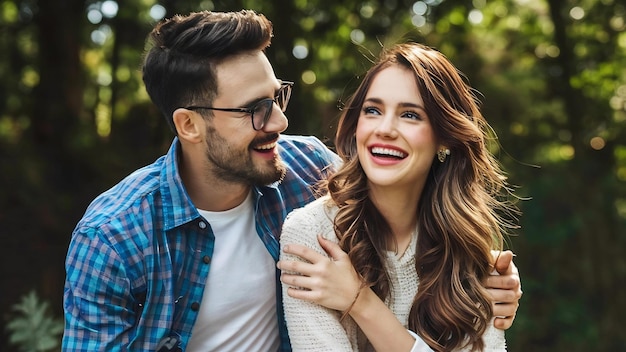 Una chica hermosa sonriente y su guapo novio riendo