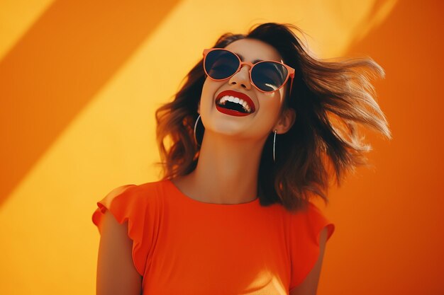 Foto chica hermosa con trajes brillantes sonriendo y riendo gafas de sol fondo naranja vibrante