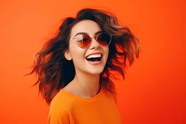 Foto chica hermosa con trajes brillantes sonriendo y riendo gafas de sol fondo naranja vibrante