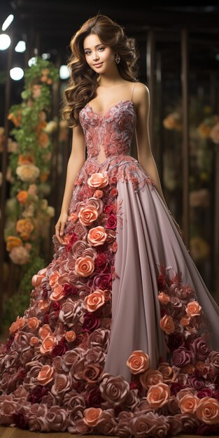 Una chica hermosa en un vestido de lujo con flores Moda de belleza