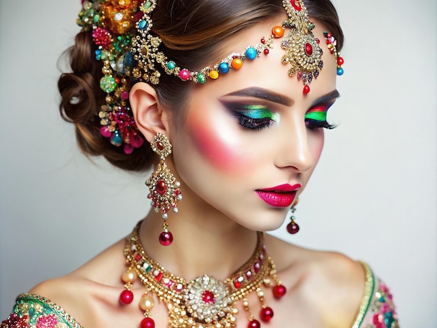 Una chica con un hermoso maquillaje adornada con adornos de colores para su boda