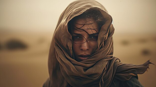 Una chica con hijab y gafas en el desierto