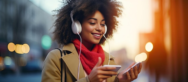 Chica hipster en el centro disfrutando de su canción favorita de la aplicación de teléfono inteligente bailando con cabello afro y auriculares en la calle
