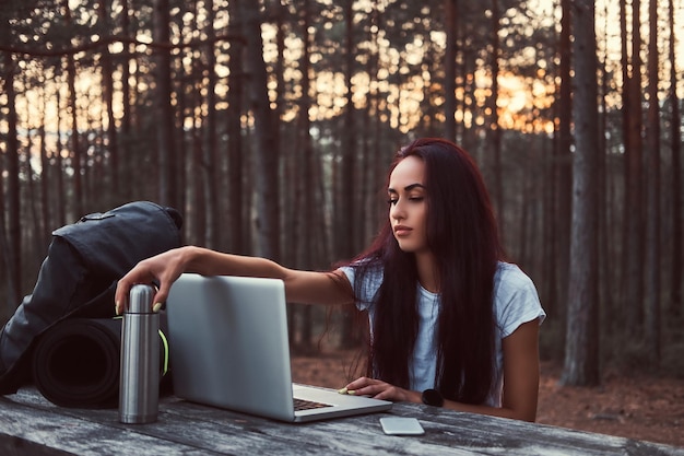 Chica hipster trabajando en una laptop en un banco de madera mientras toma un descanso en un hermoso bosque de otoño.