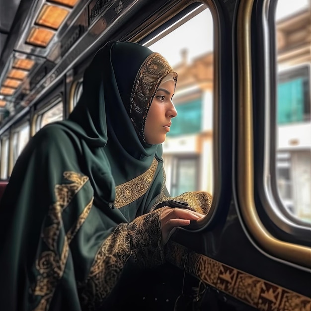 Una chica con hiyab mira por la ventana.