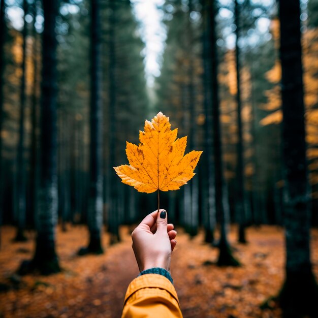 Foto una chica con una hoja amarilla en la mano