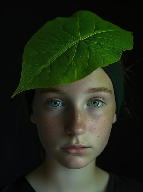 Foto una chica con una hoja verde en la cabeza