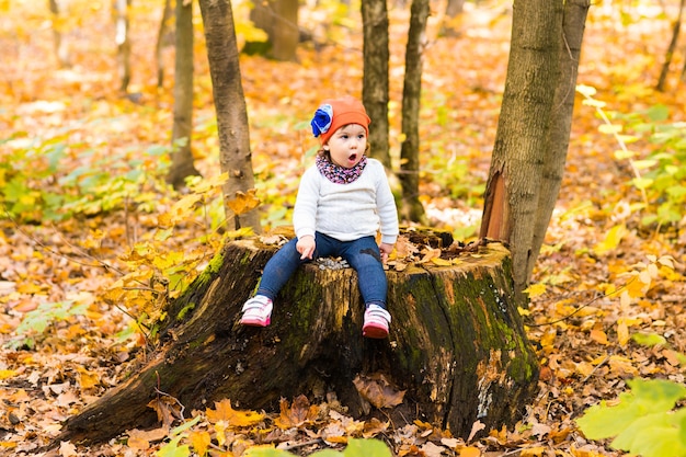 Chica en hojas de otoño. Linda chica sentada sobre tocón en el bosque de otoño.