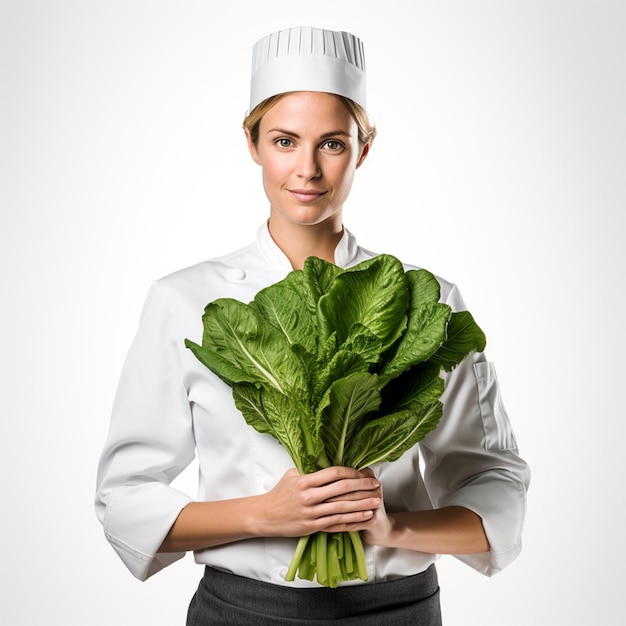 chica con hojas en vestido de chef sobre fondo blanco