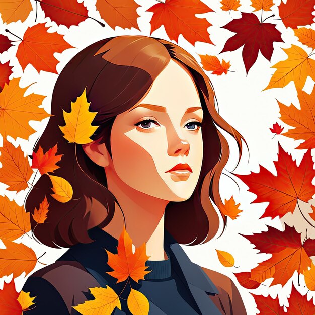 chica de ilustración plana rodeada de vector gráfico de hojas de otoño