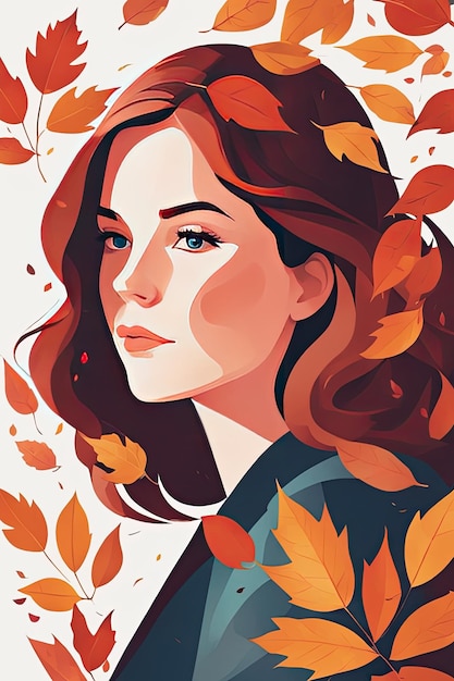 chica de ilustración plana rodeada de vector gráfico de hojas de otoño