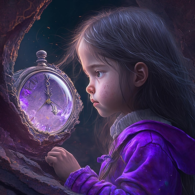 Chica con imagen de reloj de tiempo de fantasía Arte generado por Ai