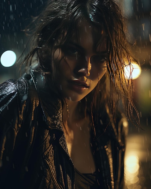 una chica con un impermeable se encuentra frente a una farola.