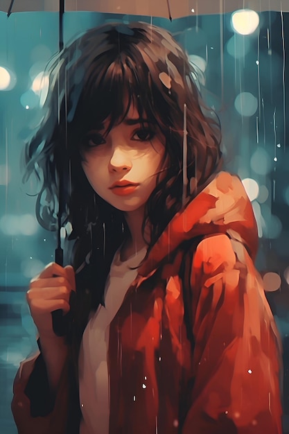 Chica con un impermeable rojo sosteniendo un paraguas bajo la lluvia