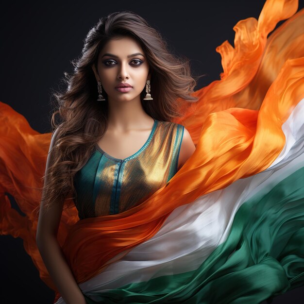 Una chica india atractiva envuelta en un paño indio en un fondo oscuro