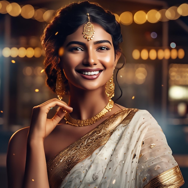 Chica india bonita con estilo feliz en un sari con joyas