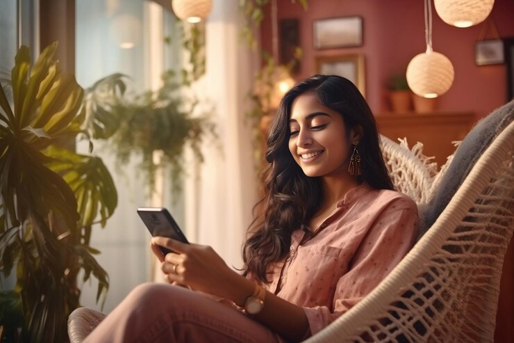 Una chica india feliz relajándose en casa sentada en una silla escribiendo en su teléfono inteligente usando una aplicación en línea