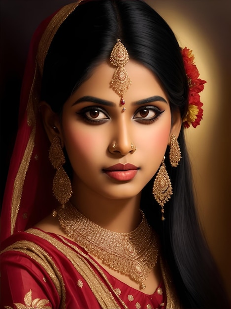 Una chica india con joyas y un sari.