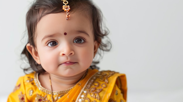 una chica india linda con un sari amarillo sobre un fondo blanco