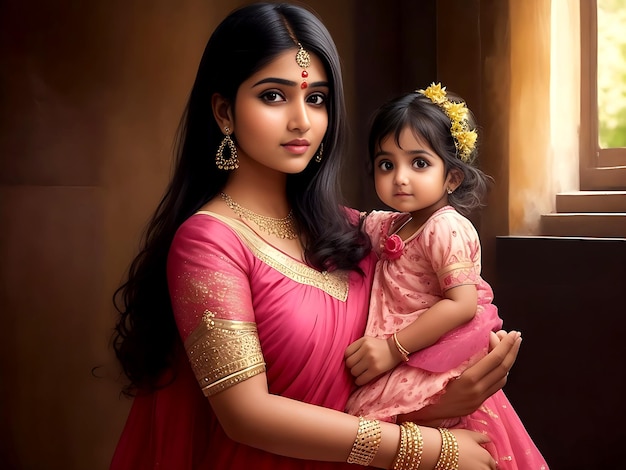 una chica india romántica de buen aspecto con su linda niña