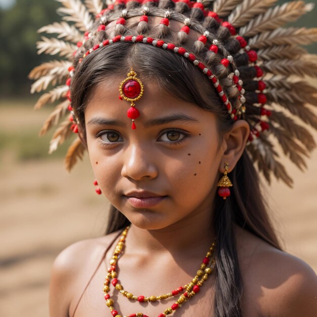 Una chica india con un tocado rojo y un tocado Rojo está mirando a la cámara