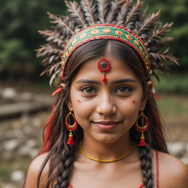 Una chica india con un tocado rojo y un tocado Rojo está mirando a la cámara